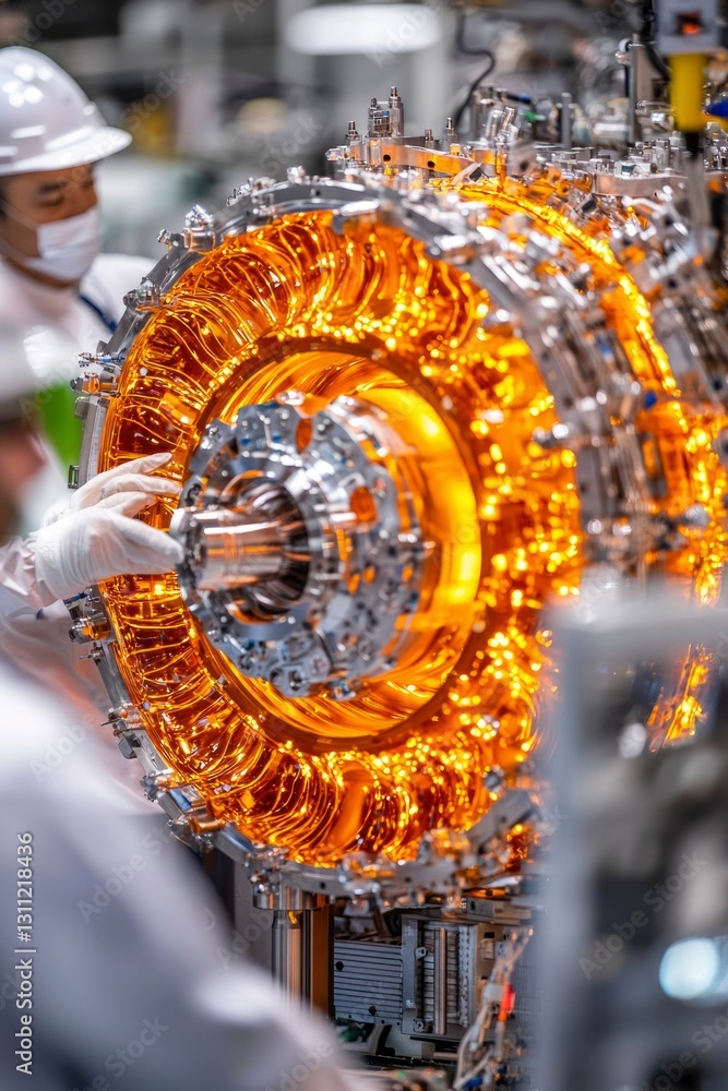 Poster factory worker inspecting heated component