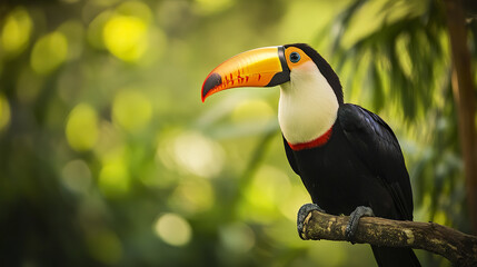 Fototapeta premium Toucan perched gracefully on branch in lush green forest