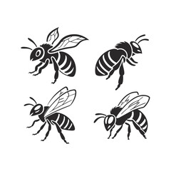 Simple Black and White Bee Silhouettes Set