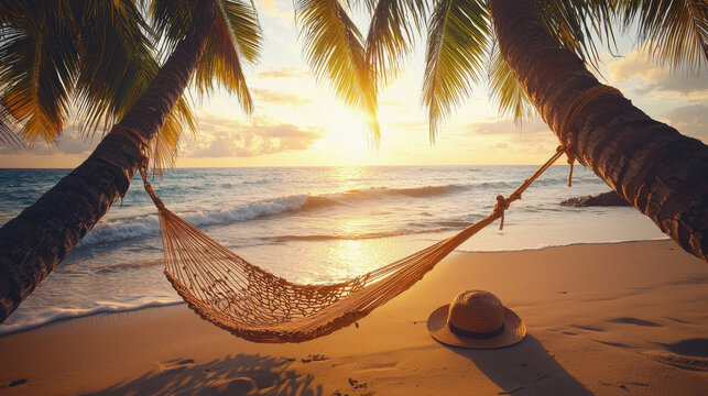 Relaxing Beach Hammock Sunset: Tropical Vacation Paradise