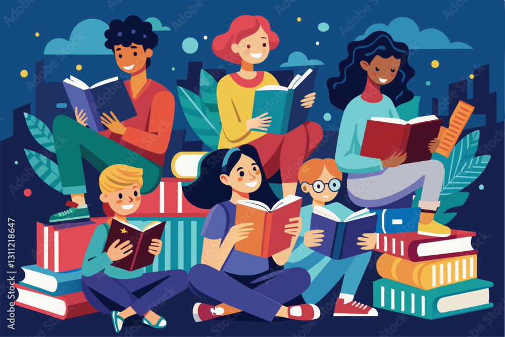 Aufkleber a lively group enjoys reading various books in a warm and inviting setting during the evening hours,