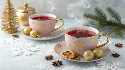 Fototapeta premium Warm herbal red tea served in elegant cups with gold accents and festive decorations during a cozy winter gathering