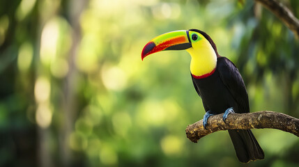 Obraz premium Toucan with vivid beak resting on branch in lush forest