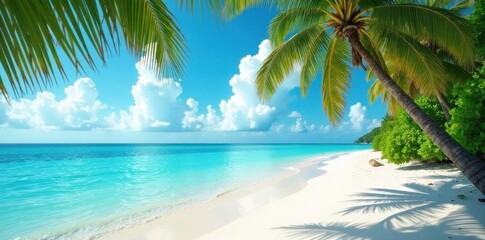 White sand, turquoise water, palm trees swaying gently in breeze, getaway, idyllic, getaway