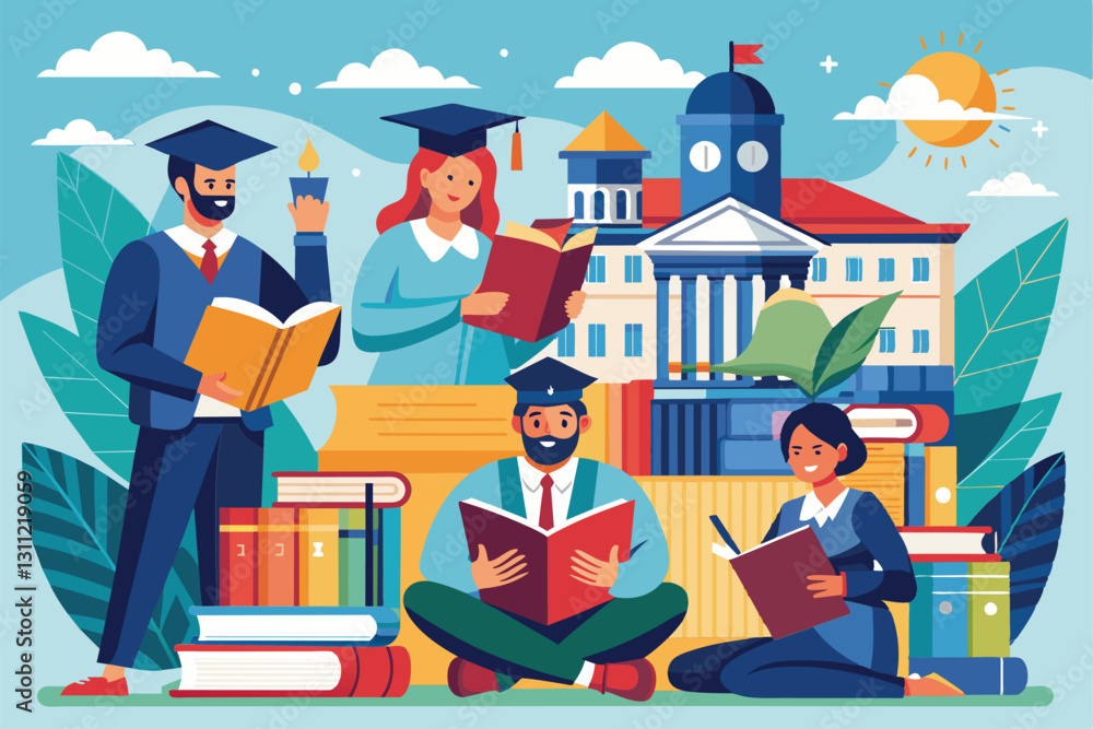 Poster groups of students are reading and studying on a university campus in preparation for graduation, pe