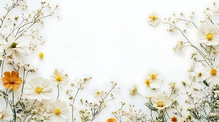 Fototapeta premium Floral Border on White. Daisies & Tiny Blooms Frame Clean Backdrop. Greeting Card use