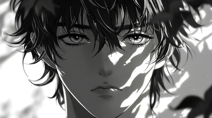 Fototapeta premium Monochrome anime-style portrait of a young man