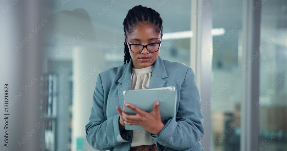 Poster office, black woman and research with tablet for web designer, software update and scroll online. ca