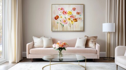 Contemporary accent living room, pearl beige walls, pastel velvet sofa, round glass coffee table, abstract floral painting with gold strokes, velvet drapes