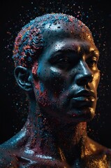 Colorful splash of colors and metallic textures on a striking humanoid figure against a dark background.