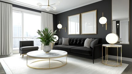 Dark elegance living room, graphite walls, jet black sofa, brass accents, marble coffee table, spherical lamps, glass dividers, full length curtains