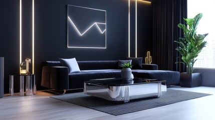 Dark high tech living room, black walls, plush velvet legless sofa, mirrored coffee table, silver line painting, silver console, LED ambient lighting