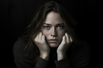 Fototapeta premium In a dimly lit environment, a young woman rests her chin on her hands, lost in thought. Her striking eyes reveal a mix of vulnerability and strength, capturing a moment of introspection