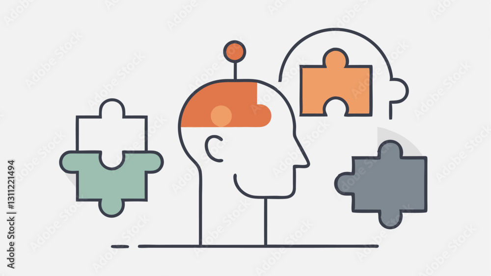 Poster thoughtful figure with floating pieces a minimalist outline of a character sitting in a thoughtful p