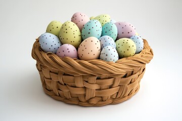 A hyper-realistic Easter cake designed to resemble a woven basket, filled with colorful fondant eggs, crisp white background