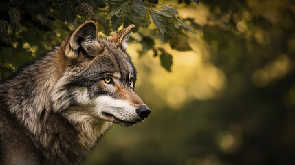 Fototapeta premium Wolf gazing into distance, poised and alert in forest setting