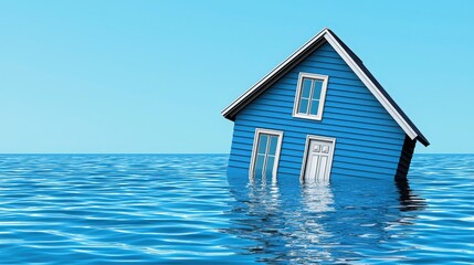 A partially submerged blue house in calm water representing flooding and climate change in a serene landscape setting against a clear blue sky