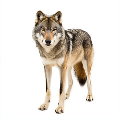 Wolf standing on white background, looking alert and majestic