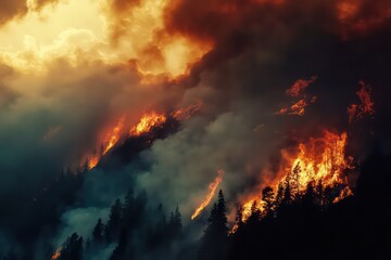 A hyper-realistic image of a wildfire spreading rapidly, fueled by extreme heat, with smoke rising into the air