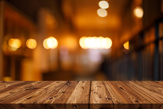nigh gold orange color tone blur background with wooden table top for advertising montage backdrop