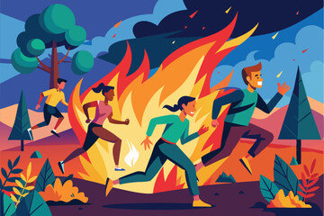 A group of individuals runs urgently away from a raging fire in a forest landscape, People run from fire concept,