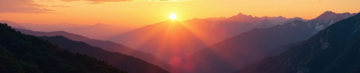 Fototapeta premium Golden hour light bathes mountain range, shadows lengthen across valley below , landscape, majestic, beautiful