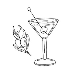 A glass with a drink and olives. Healthy drink with olives fruits. A summer refresher. Vector illustration in doodle style. For menus of bars, restaurants, and prints.