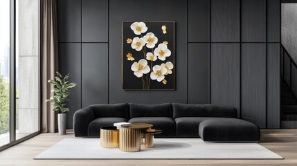 Industrial elegance living room, graphite walls, plush black boucle sofa, sculptural metal coffee table, floral painting with gold strokes, fabric wall