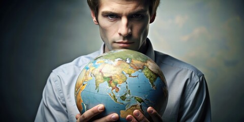 A person holding a globe with a look of determination, symbolizing responsibility, accountability, duty
