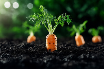 Vibrant carrot sprouts rise from dark, fertile soil, illuminated by gentle morning light, showcasing nature's beauty and the promise of fresh harvest
