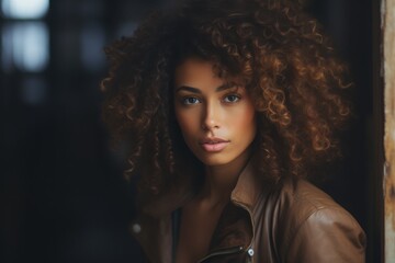 Fototapeta premium Soft light envelops a striking woman with voluminous curls, standing against an aged wooden backdrop. Her expressive gaze evokes a sense of intrigue and warmth in a serene atmosphere