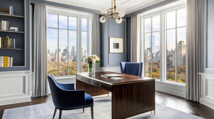 Luxurious neoclassical home office, icy blue gray walls, dark wood desk, plush sapphire blue chair, skyline sunset view