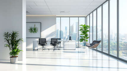 Modern office interior with large windows, plants, and city view