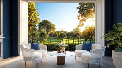 Obraz premium Luxurious neoclassical terrace, deep blue walls, white woven armchairs, marble coffee table, golden sunset over park