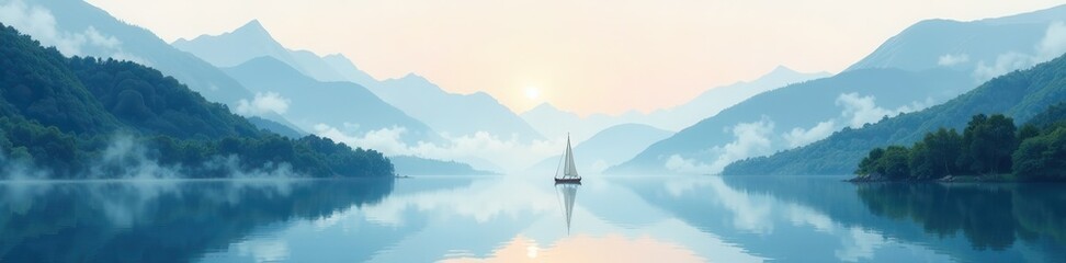 Misty mountains, calm water, single sailboat Watercolor landscape , serene, sailing