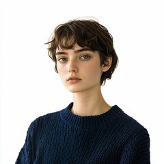 Person with pale rose skin, short espresso brown hair in a thick midnight blue sweater, casual stance, gentle flush, full view, isolated on white background - Generative AI