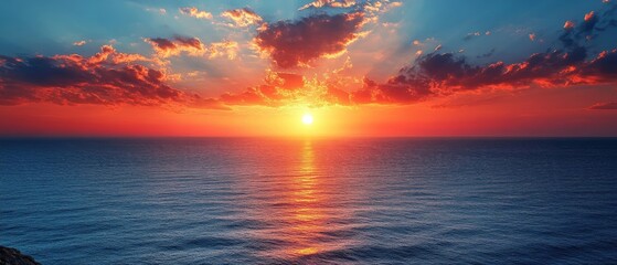 Obraz premium Fiery Ocean Sunset Vibrant Colors and Tranquil Seascape