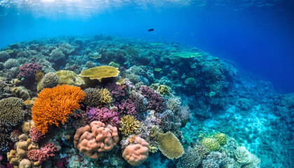 Naklejka premium Coral Reef Ecosystem: A vibrant underwater panorama unveils a thriving coral reef ecosystem, showcasing a rich tapestry of colorful corals and marine life in crystal-clear waters.