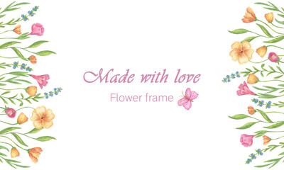 A horizontal frame of bright summer flowers, yellow, blue, pink violets, made in watercolor. Elements of floral design. Elegant flower frame illustration for wedding invitations, postcards, background