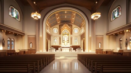 Elegant interior of a modern church with wooden pews, stained glass windows, and altar in focus