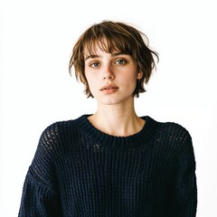 Person with pale rose skin, short espresso brown hair in a thick midnight blue sweater, casual stance, gentle flush, full view, isolated on white background - Generative AI