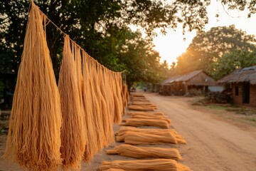 Drying Noodles Rural Village Sunset