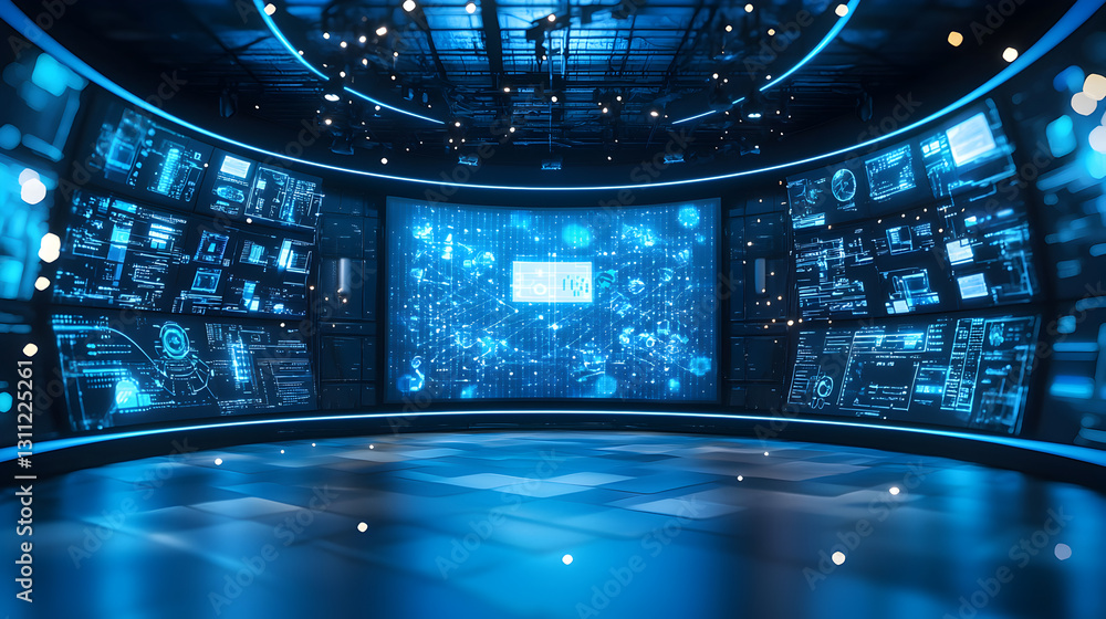 Poster digital data visualization futuristic studio technology display virtual environment wide angle innov