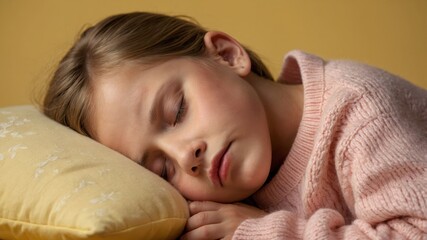 Sleeping child resting peacefully on a pillow, wearing a cozy sweater, enjoying a moment of quiet repose.