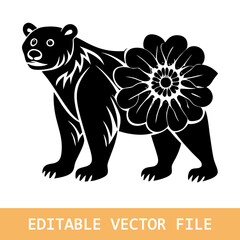 Polar bear made by simple flower drawing, black and white animal illustration