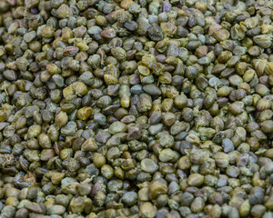 Close-up background of salted Italian capers in various green shades with a rough wrinkled texture