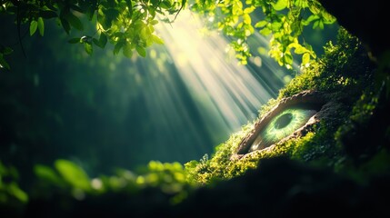Divine Watch: Glowing Eye in Mountain Exuding Light Beams, Mythical Deity Symbol, Guardian of Ancient Tales
