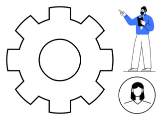 Large gear representing workflow, man pointing while holding a clipboard, and user icon. Ideal for teamwork, management, organization, operations, leadership, system integration flat simple metaphor
