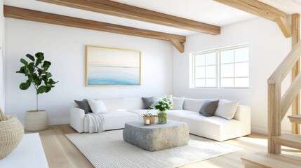 Modern Scandinavian rustic living room, milk white and wood tone walls, wooden beams, oversized linen sofa, stone coffee table, blurred sea painting