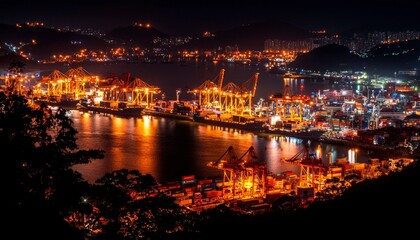 Naklejka premium Illuminated Port City at Night with Cargo Ships and Cranes